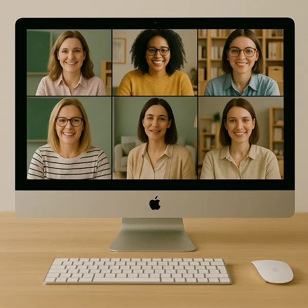 Eine Online Gruppentherapie findet gerade statt. Eine Psychotherapeutin und verschiedene Lehrerinnen befinden sich im effektiven Online-Psychotherapie-Gespräch.