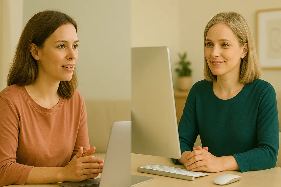 Mindset Online-Psychotherapie für Lehrkräfte_23 Eine Mindset-Psychotherapeutin und eine Lehrerin sitzen an ihren jeweiligen PCs und führen mittels eines dafür zertifizierten Videodienstanbieters einen sicheren Online-Videocall durch.