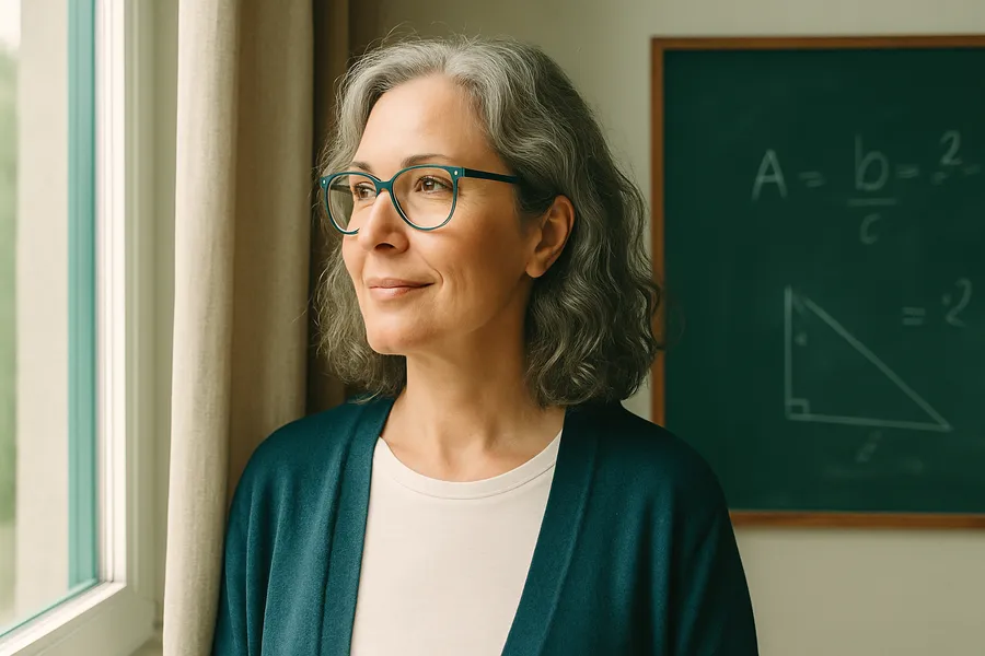 Mindset Online-Psychotherapie für Lehrkräfte_30 Aufgrund der Unterstützung einer Online-Psychotherapie bei Mindset blickt eine Lehrerin im Klassenraum gelassen und hoffnungsvoll durch ein Fenster.