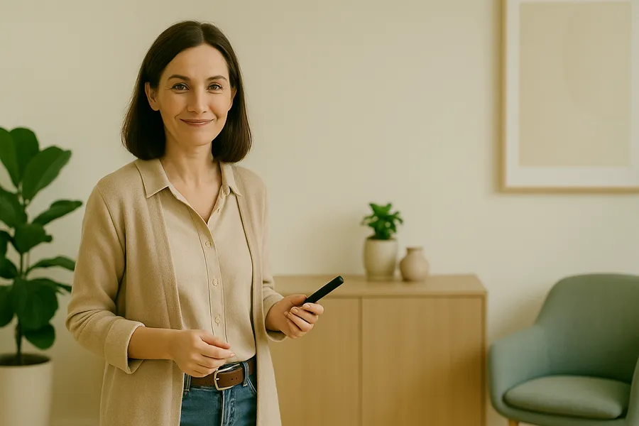Mindset Online-Psychotherapie24 Eine Psychotherapeutin zeigt in ruhiger ansprechender Praxisatmosphäre den Ablauf einer Online-Psychotherapie bei Mindset auf
