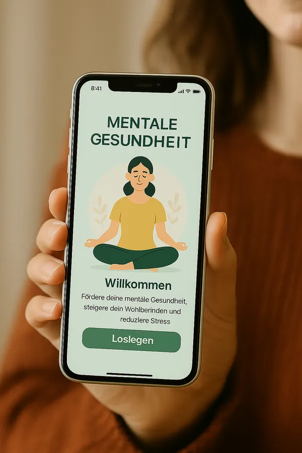 Eine Lehrerin hält Ihre von Mindset verordnete App (Diga) zur Stärkung ihrer mentalen Gesundheit in die Kamera. Die App ist im Erscheinungsbild freundlich, lässt sich leicht bedienen und ist von ihrer Funktion an die Bedürfnisse der Lehrkraft angepasst.