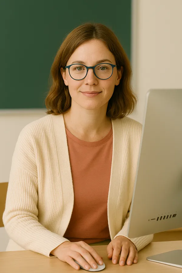 Mindset Online-Psychotherapie für Lehrkräfte_01_1 Eine Mindset-Psychotherapeutin sitzt an ihrem PC und hat Studien recherchiert, welche eine gleichwertige Wirksamkeit von Online-Psychotherapie (Video-Therapie) gegenüber Therapie vor Ort bestätigen.