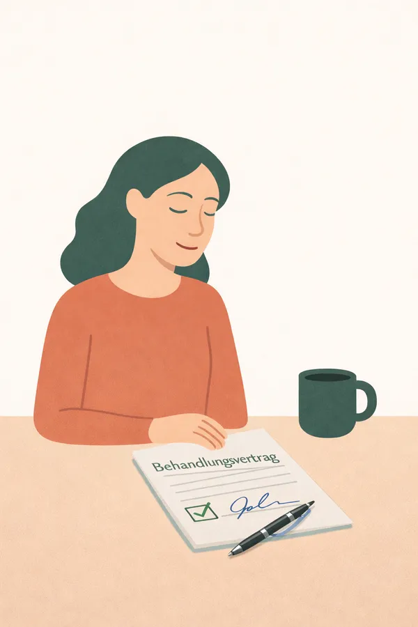 Mindset Online-Psychotherapie für Lehrkräfte_49 Eine Therapie-interessierte Lehrerin hat einen Therapievertrag von Mindset unterschrieben und ist zufrieden mit dem Inhalt der Vereinbarung.
